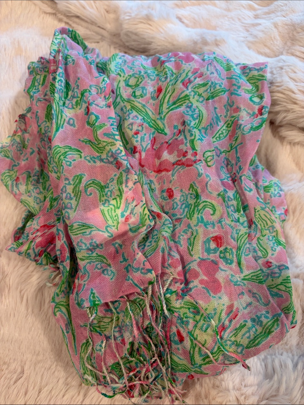 Lilly Pulitzer Pink & Green Floral Fringe Scarf